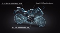 Kawasaki Ninja 7 Hybrid mengusung mesin four stroke water-cooled 451 cc parallel twin dan dipasangkan dengan opsi transmisi manual dan otomatis ditambah dengan motor listrik. Foto: Kawasaki Motor