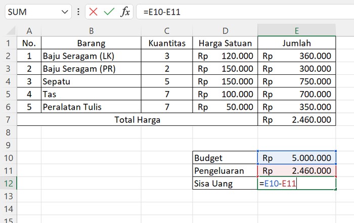 Contoh rumus pengurangan excel.