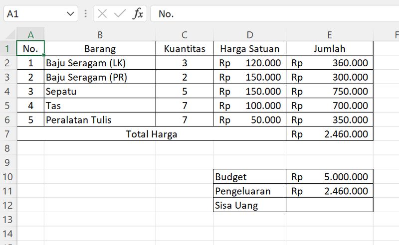 Contoh rumus pengurangan excel.