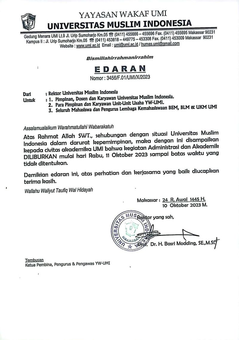 Surat edaran Rektor UMI Makassar.
