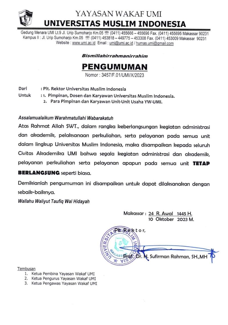 Surat edaran Rektor UMI Makassar.
