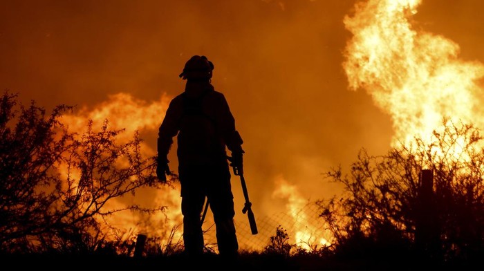 Kebakaran Hutan Mengamuk di Argentina Gegara Api Unggun A firefighter is silhouetted by the flames of a forest fire on the outskirts of Villa Carlos Paz, Argentina, Tuesday, Oct. 10, 2023. (AP Photo/Nicolas Aguilera)