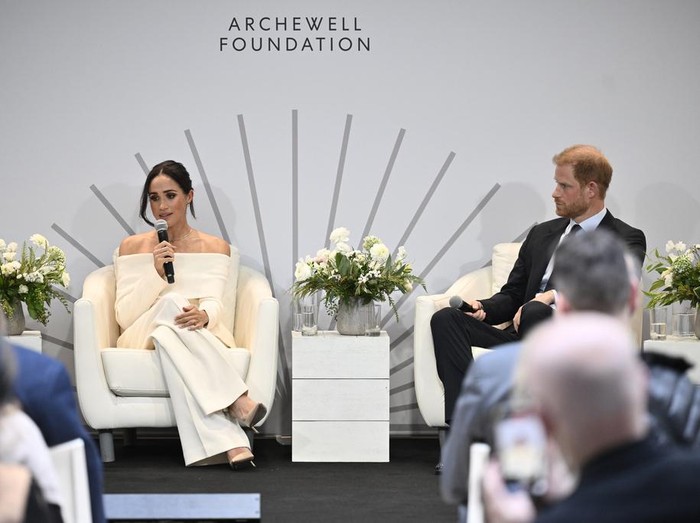 Britains Prince Harry, The Duke of Sussex, left, and Meghan, Duchess of Sussex, participate in The Archewell Foundation Parents Summit 