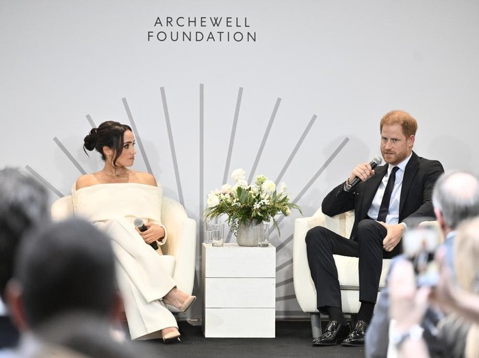 Britains Prince Harry, The Duke of Sussex, left, and Meghan, Duchess of Sussex, participate in The Archewell Foundation Parents Summit 