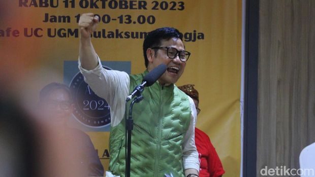Muhaimin Iskandar alias Cak Imin di UC UGM, Sleman, DIY, Rabu (11/10/2023).
