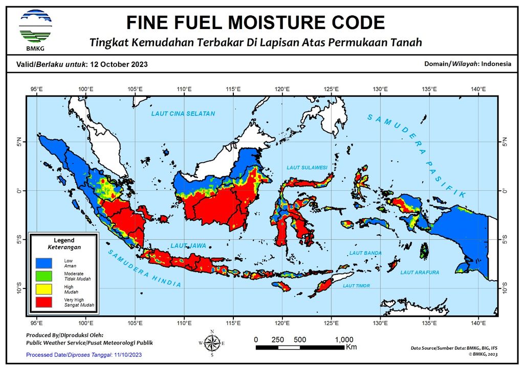 Peta wilayah mudah terbakar 12 Oktober 2023. (Dok: BMKG)