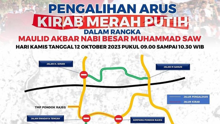 Polisi melakukan pengalihan arus saat pelaksanaan kirab Merah Putih di TMP Pondok Rajeg, Kamis (12/10/2023) besok.