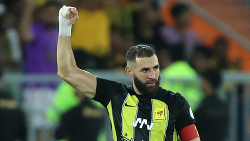 Ittihads French forward #09 Karim Benzema reacts after scoring a goal during the Saudi Pro League football match between Al-Ittihad and Al-Hilal at Prince Abdullah al-Faisal Stadium in Jeddah on September 1, 2023. (Photo by AFP) / The erroneous mention[s] appearing in the metadata of this photo by - has been modified in AFP systems in the following manner: [Al-Hilal] instead of [Al-Nassr]. Please immediately remove the erroneous mention[s] from all your online services and delete it (them) from your servers. If you have been authorized by AFP to distribute it (them) to third parties, please ensure that the same actions are carried out by them. Failure to promptly comply with these instructions will entail liability on your part for any continued or post notification usage. Therefore we thank you very much for all your attention and prompt action. We are sorry for the inconvenience this notification may cause and remain at your disposal for any further information you may require.