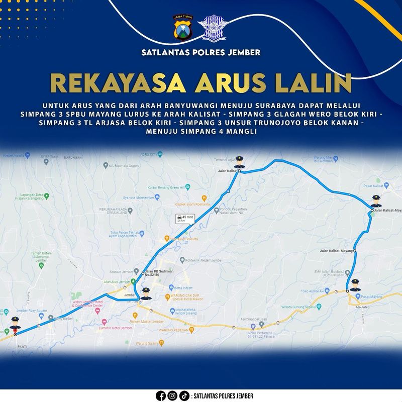 Pengalihan arus di Jalur Jember-Banyuwangi karena Jembatan Wirolegi ditutup.