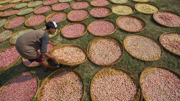 Pekerja menjemur kerupuk di desa Kenanga, Indramayu, Jawa Barat, Kamis (12/10/2023). Menurut pengusaha, produksi kerupuk selama kemarau meningkat hingga 70 persen dari 100 kg per hari menjadi 170 kg per hari karena didukung cuaca panas yang memaksimalkan proses pengeringan. ANTARA FOTO/Dedhez Anggara/YU