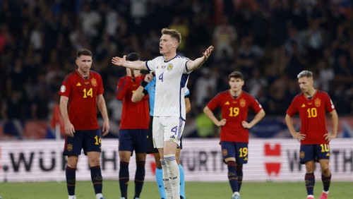 Soccer Football - Euro 2024 Qualifier - Group A - Spain v Scotland - Estadio de La Cartuja, Seville, Spain - October 12, 2023 Scotlands Scott McTominay reacts after his goal is disallowed after a VAR review REUTERS/Marcelo Del Pozo