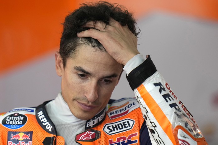Spanish rider Marc Marquez reacts after the MotoGP qualification session for Sundays Japanese Motorcycle Grand Prix at the Twin Ring Motegi circuit in Motegi, north of Tokyo Saturday Sept. 30, 2023. (AP Photo/Shuji Kajiyama)