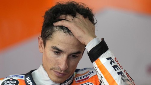 Spanish rider Marc Marquez reacts after the MotoGP qualification session for Sundays Japanese Motorcycle Grand Prix at the Twin Ring Motegi circuit in Motegi, north of Tokyo Saturday Sept. 30, 2023. (AP Photo/Shuji Kajiyama)