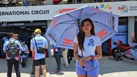 Umbrella girl sebagai pemanis di depan paddock tim Gresini Ducati. Foto: Ardhi Suryadhi/detikcom