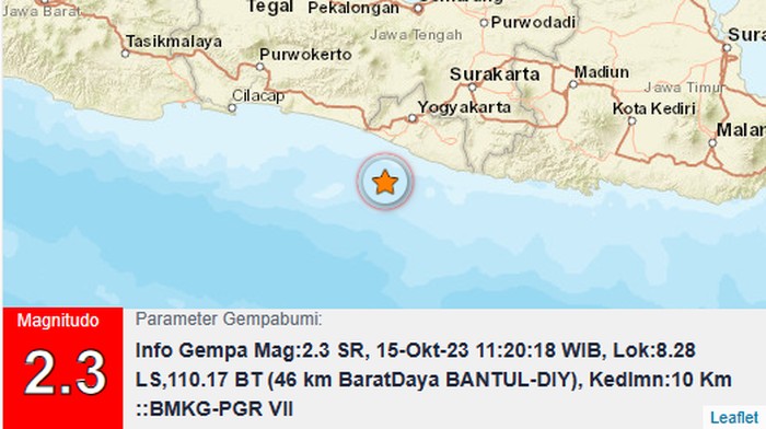 Gempa Bantul M 2,3, Minggu (15/10/2023).