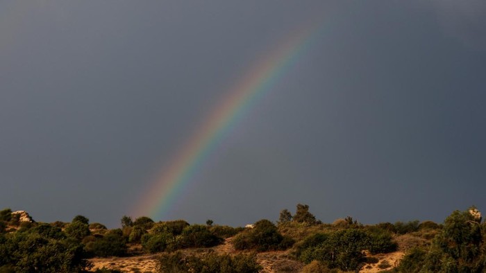 A rainbow is seen in the sky near Israel's border with the Gaza Strip, in southern Israel October 15, 2023. REUTERS/Amir Cohen
