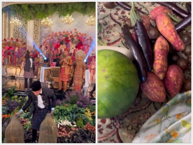 Pesta pernikahan layaknya pasar tradisional. Souvenirnya berupa sayuran dan buah-buahan.