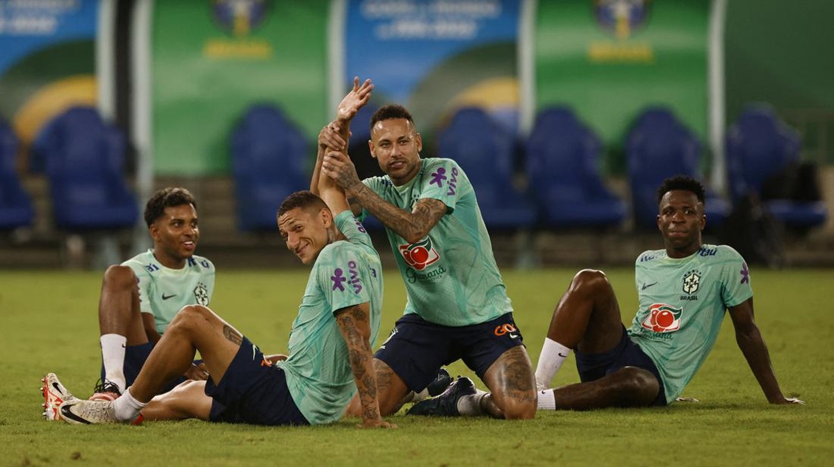 Rodrygo, Richarlison, Neymar, dan Vinicius. Foto: REUTERS/ADRIANO MACHADO