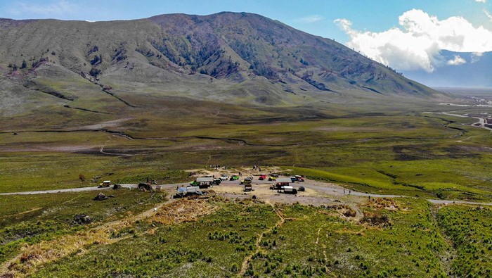 Gunung Bromo Hijau Lagi Foto udara kondisi lahan di Kawasan Gunung Bromo, Probolinggo, Jawa Timur, Senin (16/10/2023). Kawasan tersebut mulai ditumbuhi vegetasi sehingga tampak hijau setelah terbakar pada Rabu (6/9) dan padam pada Kamis (14/9).
