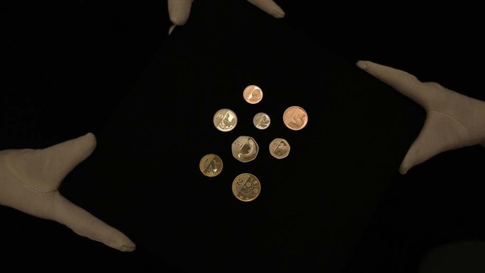 The Royal Mint unveils new coins for use in the United Kingdom, they use UK flora and fauna as images on the reverse side, a detail showing the new 20 pence coin, the Puffin motif on display during a media preview in London, Thursday, Oct. 12, 2023. (AP Photo/Alastair Grant)