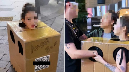 Model dewasa Korea berkeliaran telanjang memakai kardus.