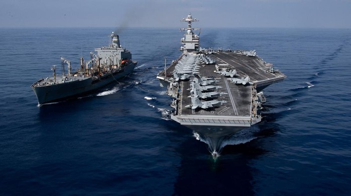 The world?s largest aircraft carrier USS Gerald R. Ford steams alongside USNS Laramie (T-AO-203) during a fueling-at-sea in the eastern Mediterranean Sea, as a scheduled deployment in the U.S Naval Forces Europe area of operations, deployed by U.S. Sixth Fleet to defend U.S, allied, and partners interests, in this photo taken on October, 11, 2023 and released by U.S. Navy on October 14, 2023. U.S Naval Forces Central Command / U.S. 6th Fleet / Handout via REUTERS ATTENTION EDITORS - THIS PICTURE WAS PROVIDED BY A THIRD PARTY