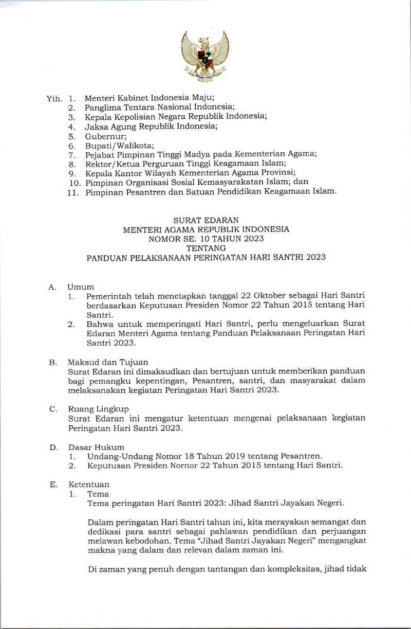 Surat Edaran Menteri Agama Nomor 10 Tahun 2023 tentang Panduan Pelaksanaan Peringatan Hari Santri 2023
