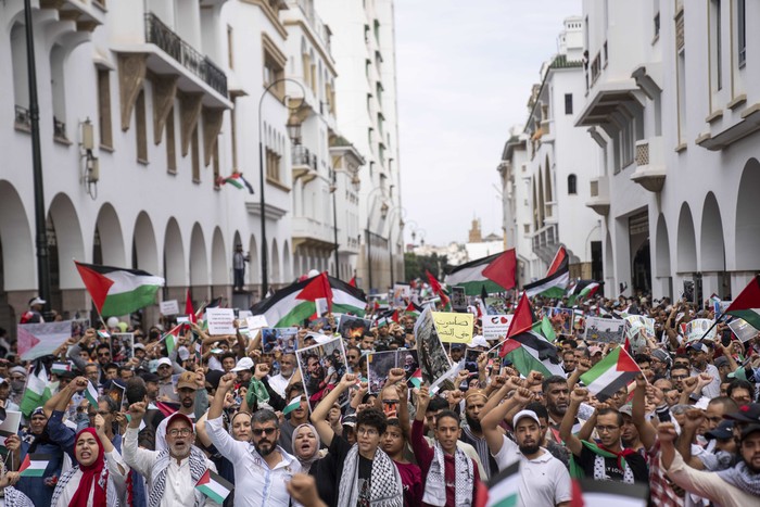 Thousands of Moroccans take part in a protest in solidarity with Palestinians in Gaza, in Rabat, Morocco, Sunday, Oct. 15, 2023. (AP Photo/Mosaab Elshamy)