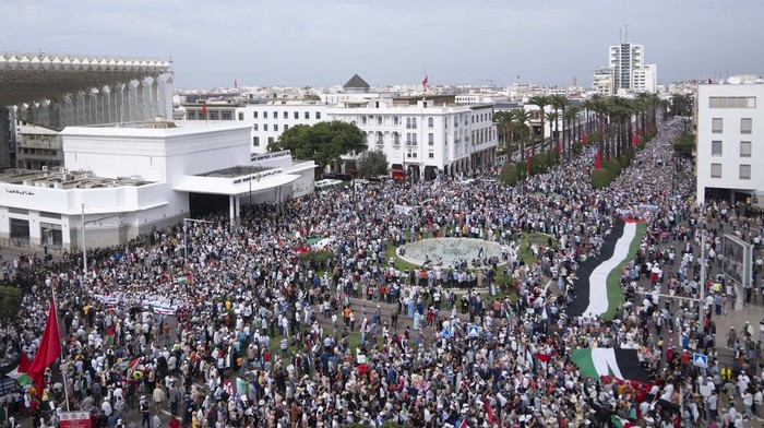 Thousands of Moroccans take part in a protest in solidarity with Palestinians in Gaza, in Rabat, Morocco, Sunday, Oct. 15, 2023. (AP Photo/Mosa'ab Elshamy)