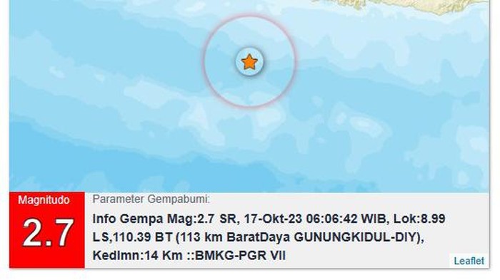 Gempa M 2,7 di Gunungkidul, Selasa (17/10/2023).