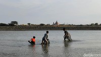 Beberapa anak dari  Duduksampeyan dan Cerme, memanfaatkan mencari ikan dengan cara menjaring disaat Waduk Bunder surut.
