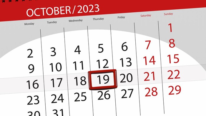 Calendar 2023, deadline, day, month, page, organizer, date, October, thursday, number 19.