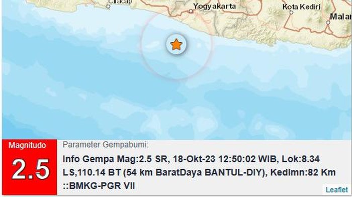 Gempa M 2,5 di perairan Bantul, Rabu (18/10/2023).