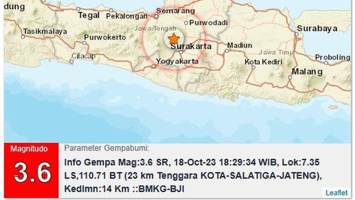 Gempa M 3,6 di Salatiga, Rabu (18/10/2023)