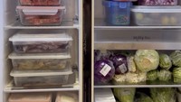 Saat sudah terisi penuh, begini penampakan kulkas di dapur kotor Shella Saukia. Ibu 3 anak ini juga tampak menyimpan cabe rawit, bawang merah, dan aneka sayuran hijau. Foto: Instagram shellasaukiaofficial
