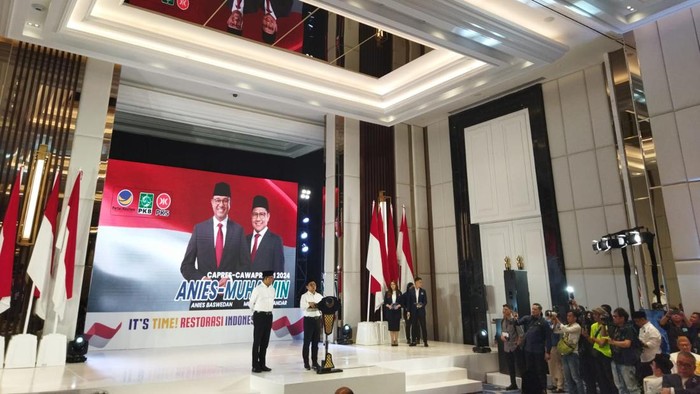 Anies dan Cak Imin berpidato di NasDem (Dwi R/detikcom)