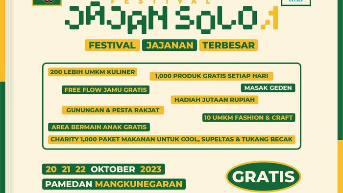 Festival Jajan Solo Digelar 20-22 Oktober 2023 di Lapangan Pamedan Mangkunegaran