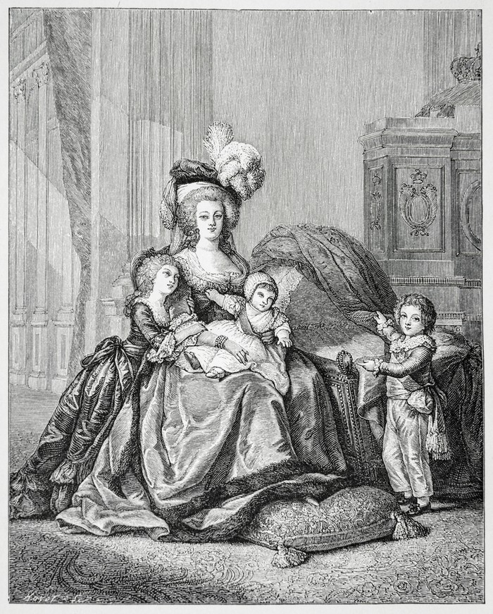 Marie-Antoinette and her children. Engraving/illustration from the book 