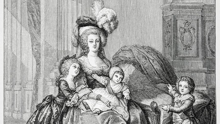 Marie-Antoinette and her children. Engraving/illustration from the book 