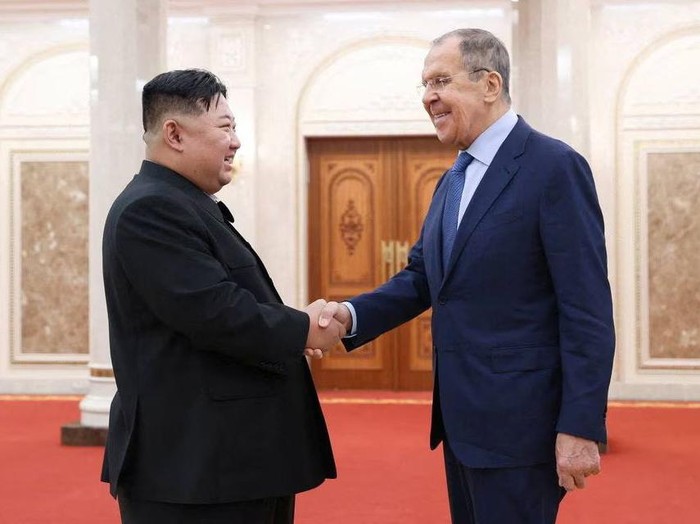 North Korean leader Kim Jong Un shakes hands with Russian Foreign Minister Sergei Lavrov during a meeting in Pyongyang, North Korea, October 19, 2023. Russian Foreign Ministry/Handout via REUTERS Acquire Licensing Rights