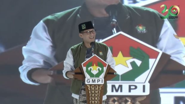 Menteri Pariwisata dan Ekonomi Kreatif, Sandiaga Uno dalam acara puncak Harlah GMPI ke-30, Kamis (19/10/2023). (Tangkapan layar Youtube PP GMPI)