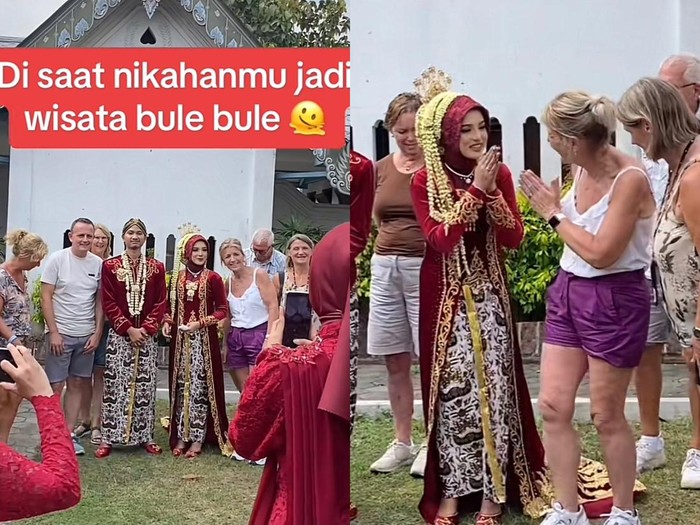 Momen viral, lagi resepsi pernikahan tiba-tiba ada bule yang masuk, bersalaman hingga foto dengan pengantin dan makanan prasmanan.