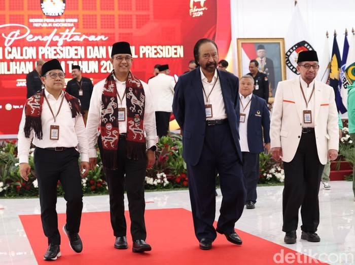 Bakal calon Presiden Anies Baswedan bersama bakal calon Wakil Presiden Muhaimin Iskandar saat melakukan pendaftaran bakal pasangan calon presiden dan wakil presiden pemilihan umum 2024 di Gedung KPU, Jakarta, Kamis (19/10/2023).