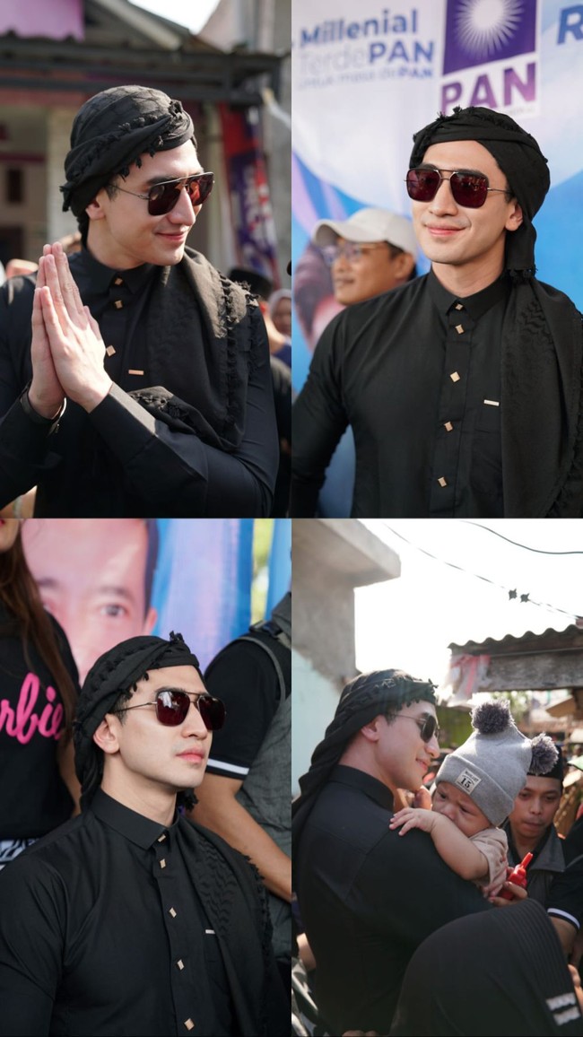 Verrell Bramasta bakal maju sebagai calon anggota legislatif dari Partai Amanat Nasional (PAN). Namun saat berkunjung ke Karawang untuk mencari dukungan baru-baru ini, ia justru memilih gamis ketimbang seragam partai. (Foto: Instagram/@bramastavrl)