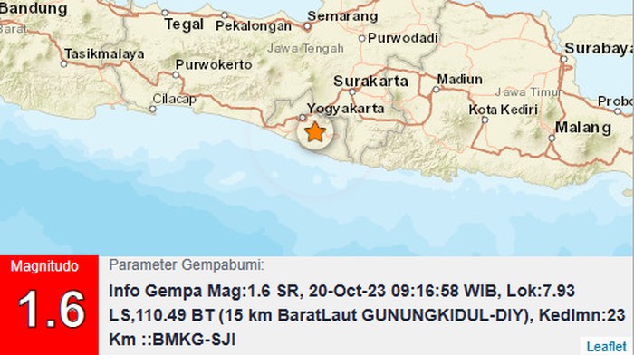 Gempa darat M 1,6 di Gunungkidul, Jumat (20/10/2023).
