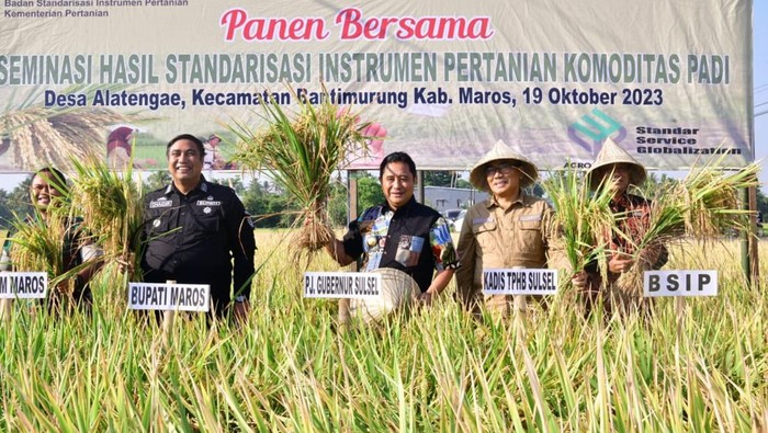 Pj Gubernur Sulsel Bahtiar Baharuddin saat panen raya di Kabupaten Maros.