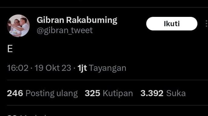 Postingan E akun X Gibran Rakabuming Raka. Foto diunggah pada Jumat (20/10/2023).