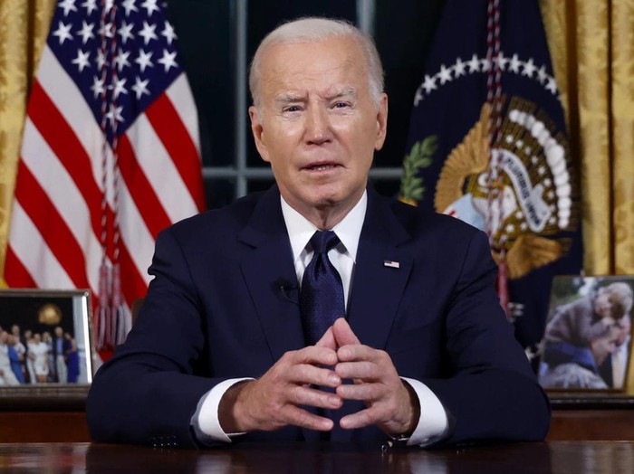 Presiden AS Joe Biden saat berpidato di Ruang Oval Gedung Putih. (Jonathan Ernst/Pool via AP