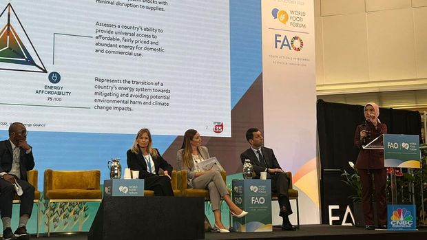 Direktur Utama Pertamina Nicke Widyawati menjadi pembicara dalam World Food Forum 2023 yang digelar oleh Food and Agriculture Organization (FAO) di Roma, Italia. (CNBC Indonesia/Wahyu Daniel)