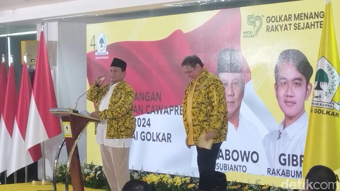 Prabowo Subianto pidato di Rapimnas Golkar, Sabtu (21/10/2023). (Brigitta/detikcom)